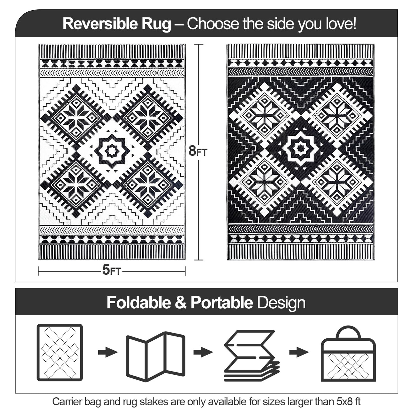 Waterproof Outdoor Rug 5x8ft, Boho Reversible Plastic Straw Mat for Patio RV Deck Porch Backyard Balcony Camping Picnic Beach Indoor Outdoor Carpet, Black&White