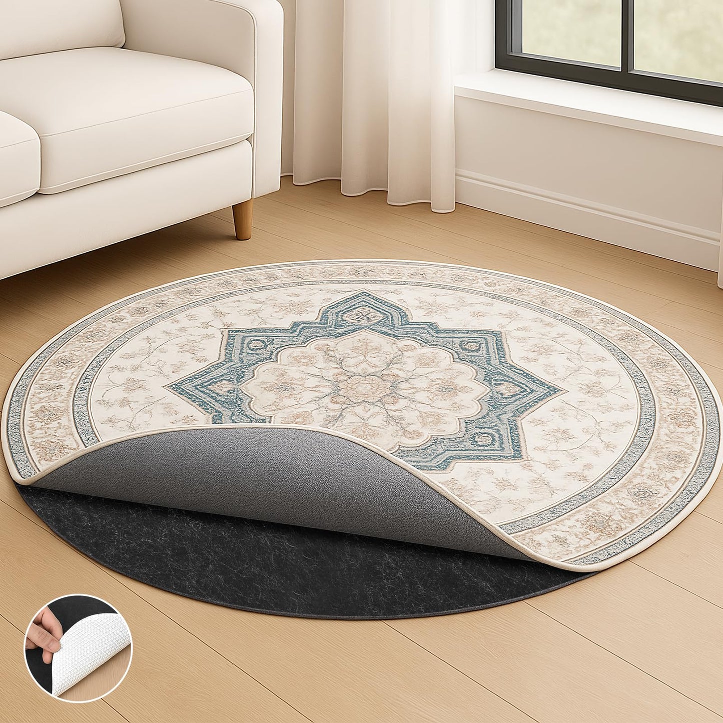 Deep Dream Dual Surface 5' Round Rug Pad, Waterproof 1/8" Thick Felt + Rubber Backing, Non Slip Round Carpet Gripper for Area Rugs, Protective Cushioned Pads for All Floors