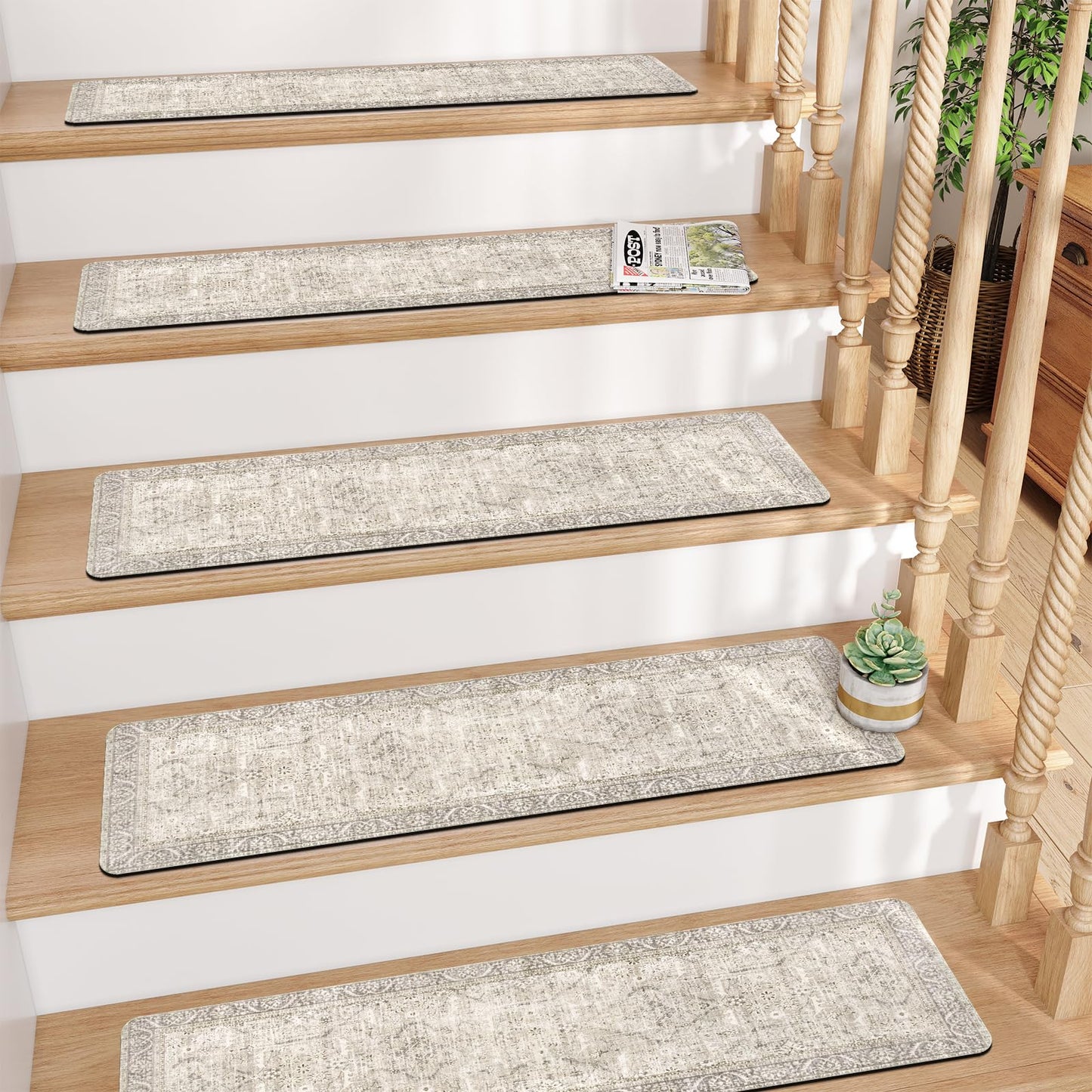 Tiveney Stair Treads Non Slip 15PCS 8"x30" Stair Runner, Rubber Backing Carpet Stair Treads for Wooden Steps, Washable Safety Carpet for Stairs Khaki Indoor Staircase Step Treads for Kids Elder Dogs
