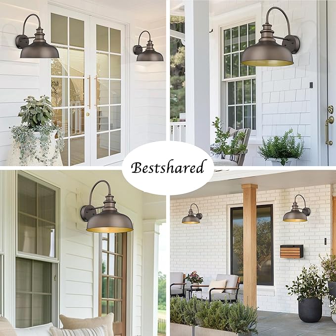 Bestshared Gooseneck Barn Light 14 Inch Dome Farmhouse Wall Mount Light Fixture, Exterior Lighting Fixture,Wall Porch Light for Front Door, Entryway, Patio (ORB+Gold, 14” Dome-1Pack)