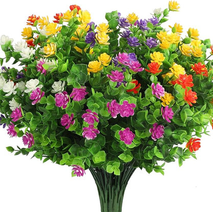 10 Bundles Artificial Flowers, Outdoor Gypsophila Baby's Breath Fake Flowers, UV Resistant Faux Greenery Shrubs Hanging Plants for Home Wedding Garden Porch Window Decoration (Round Leaves)