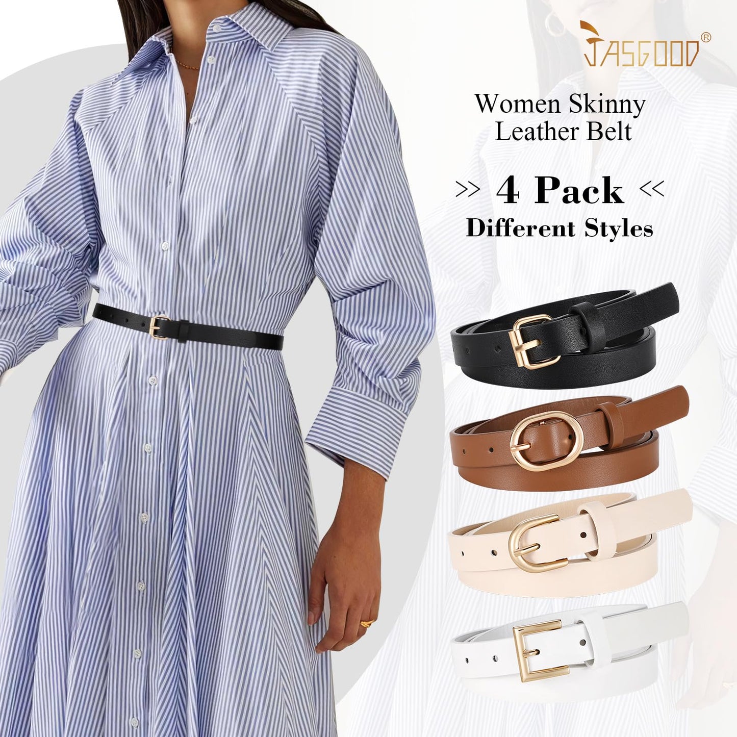JASGOOD 4 Pack Women Skinny Leather Belt for Dresses with Gold Buckle Ladies Thin Waist Belt for Jeans Pants，Beige+White+Black+Blue