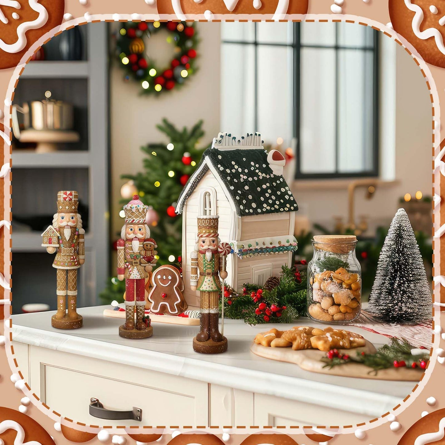 Simgoing 3 Pcs Gingerbread Nutcracker Figures Christmas Resin Nutcracker Figurines Holding Christmas Cookies, Gingerbread Men and Candy, Soldier Xmas Centerpieces Decor for Winter Table Party Favors