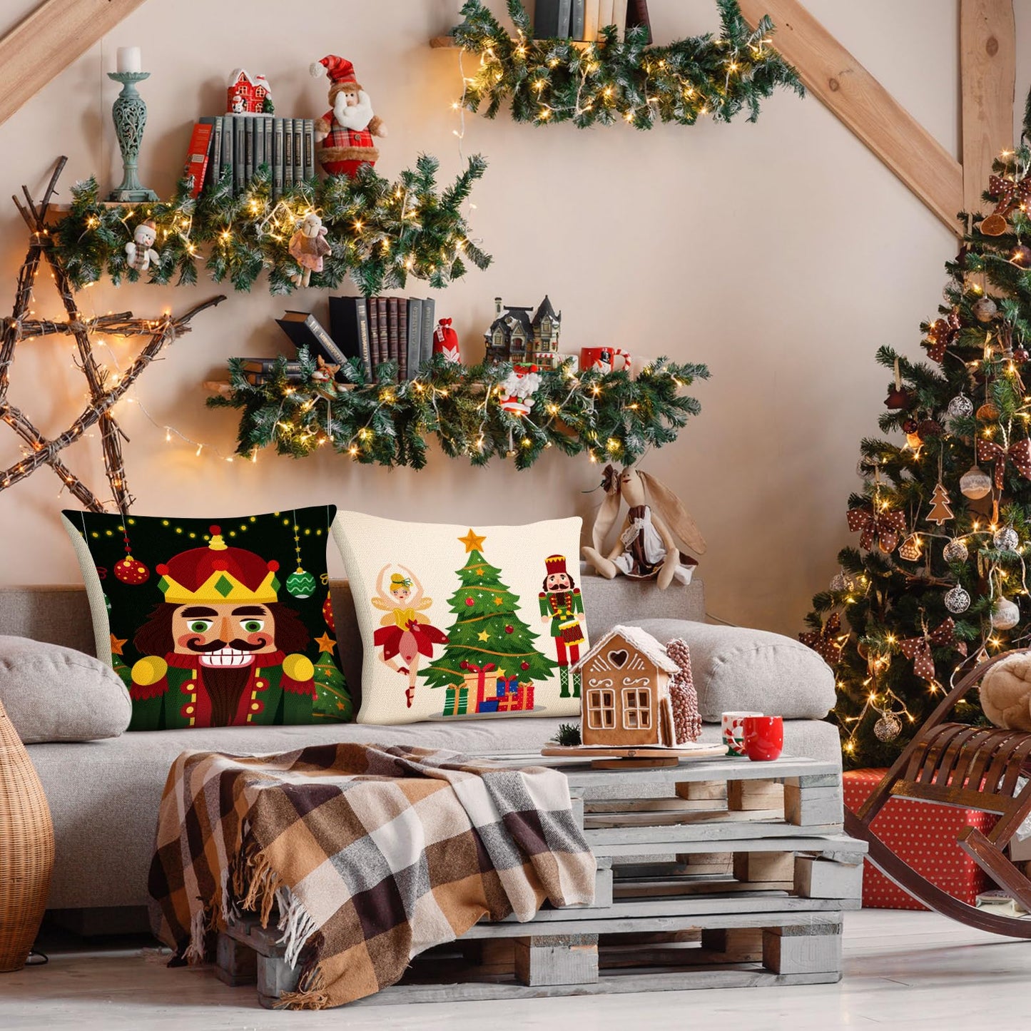 Tatuo 6 Pcs Christmas Santa Claus Nutcracker Throw Pillow Cover Nutcracker Santa Cushion Decoration 18 x 18 Inch Pillowcase Holiday Decoration for Sofa Couch Bed