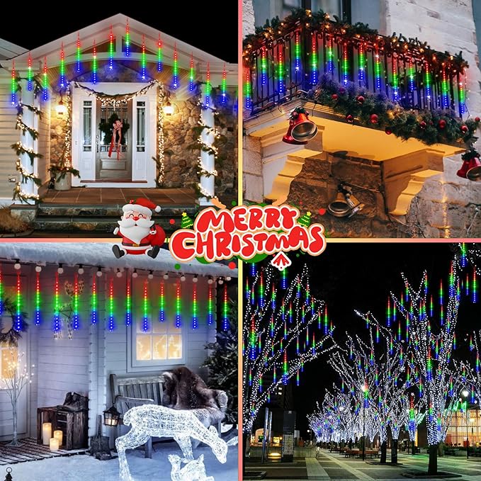 KNONEW 2Pack Total 48 Tube Meteor Shower Lights,15 in 672 LEDs Christmas Lights Outdoor Waterproof Plug in Falling Rain Light for Xmas Tree Wedding Party Garden Holiday Decorations (Multicolor)