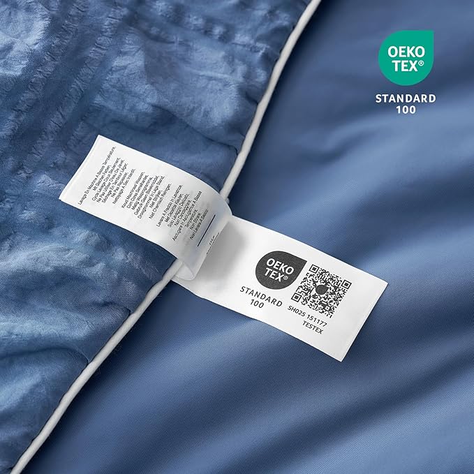 Cozy Bliss Cooling Comforter Seersucker Plaid Full, Q-Max 0.4 Reversible Lightweight Cooling Blanket, Breathable Silk Smooth Summer Bedding Quilt for Hot Sleepers Night Sweats Denim Blue
