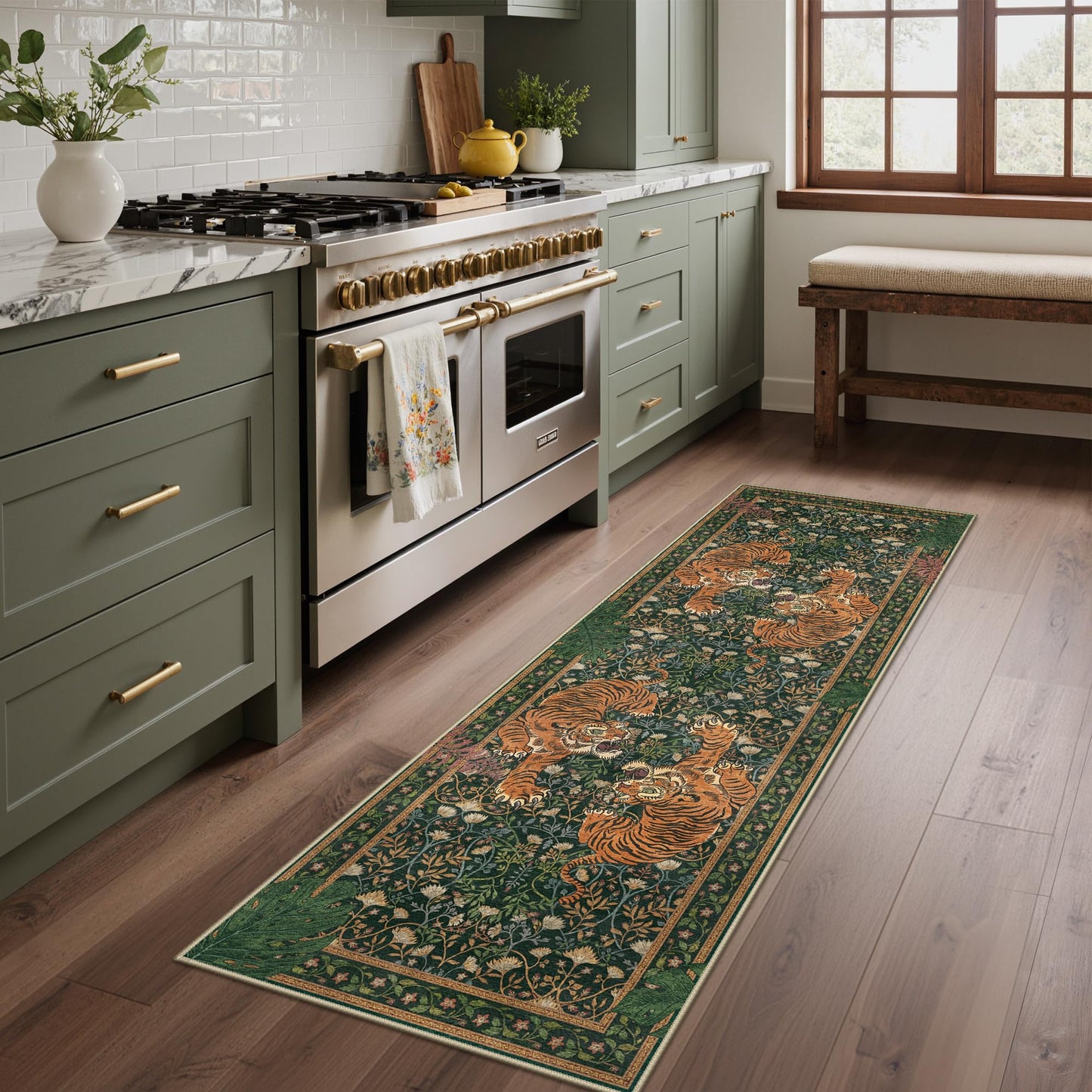Bavni Tiger 2x6 Washable Runner Rug Non Slip, Boho Vintage Oriental Hallway Runner, Low Pile Soft Green Carpet Stain Resistant, Botanical Animal Kitchen Runner Rugs for Entryway Bedroom Laundry