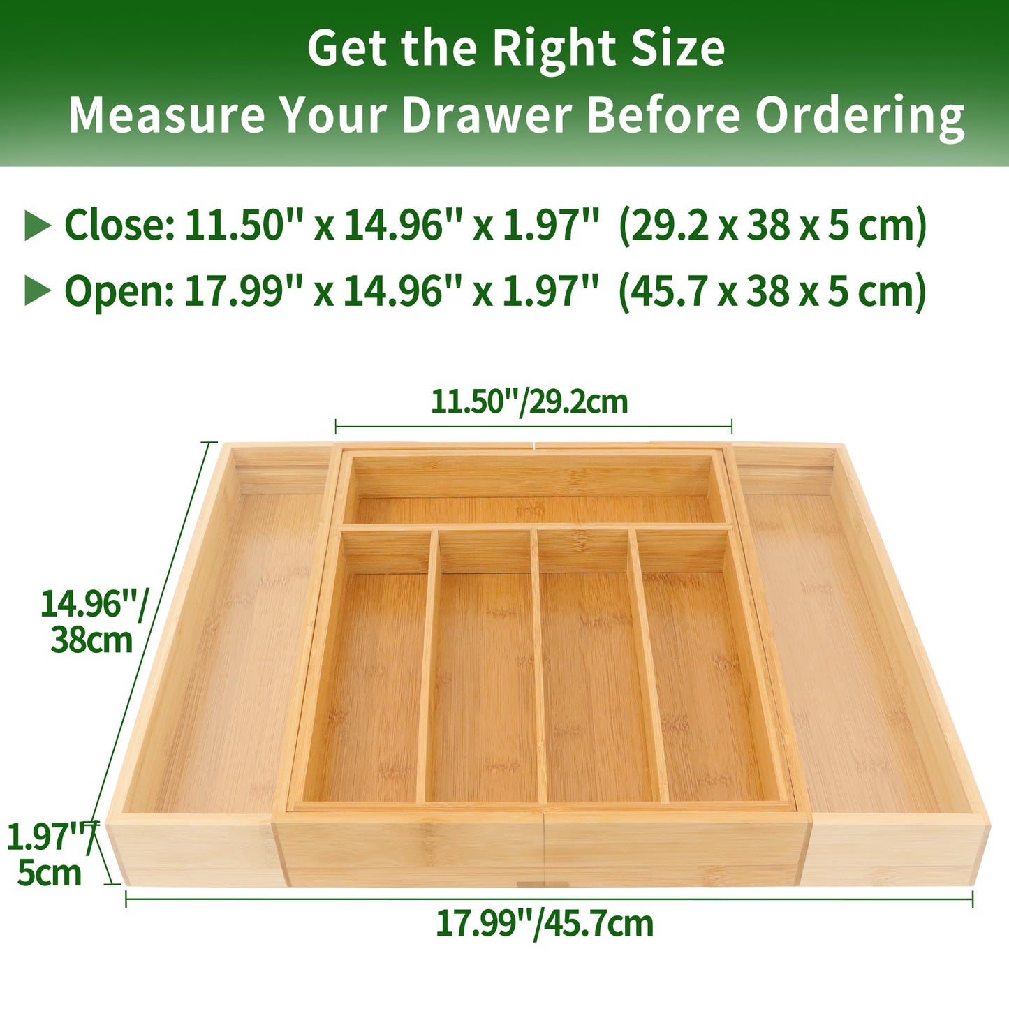VaeFae Bamboo Drawer Organizer, Expandable Silverware Drawer Organizer, Cutlery Tray with Dividers for Kitchen Utensils, Medium