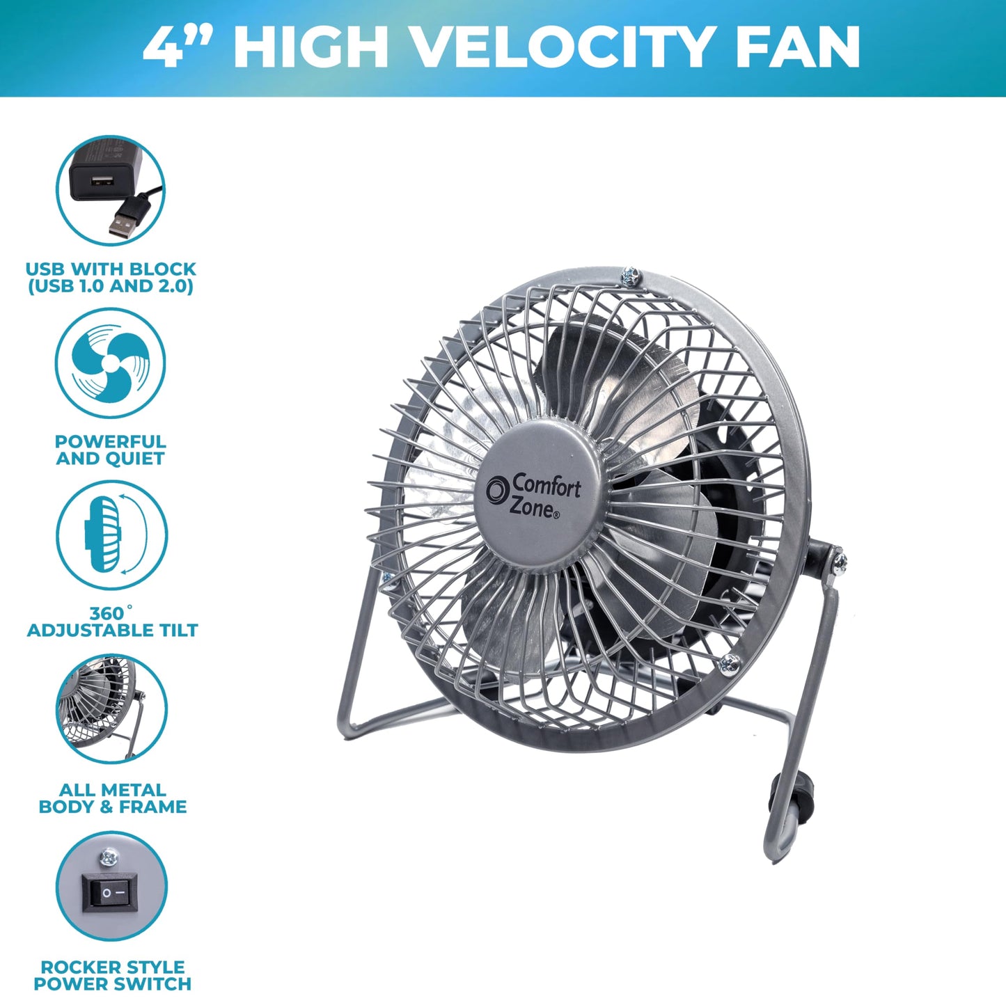 Comfort Zone 4-inch All-Metal Desk Fan with USB or Power Cord, Single Speed, 360 Degree Adjustable Tilt, Compact & Durable Mini Electric Fan for Home, Office or Travel Use, Silver