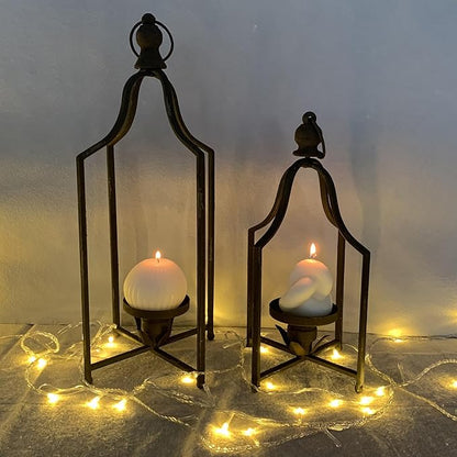 12.5" & 16.5" Timeless Cozy Decorative Lanterns Set of 2, Handcrafted Metal Iron Candle Holders, Farmhouse Elegance Fireplace Mantel Table Festive Gatherings Decor