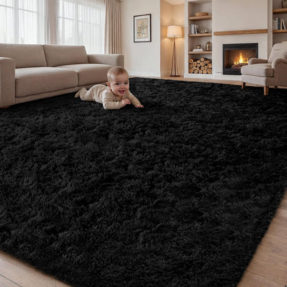 Area Rugs 9x12 Living Room Bedroom: Soft Fluffy Shag Rugs Upgrade Non-Slip High Pile Carpet Large Fuzzy Plush Indoor Floor Shaggy Carpets for Nursery Kid Playroom Office Dorms Home Decor Black