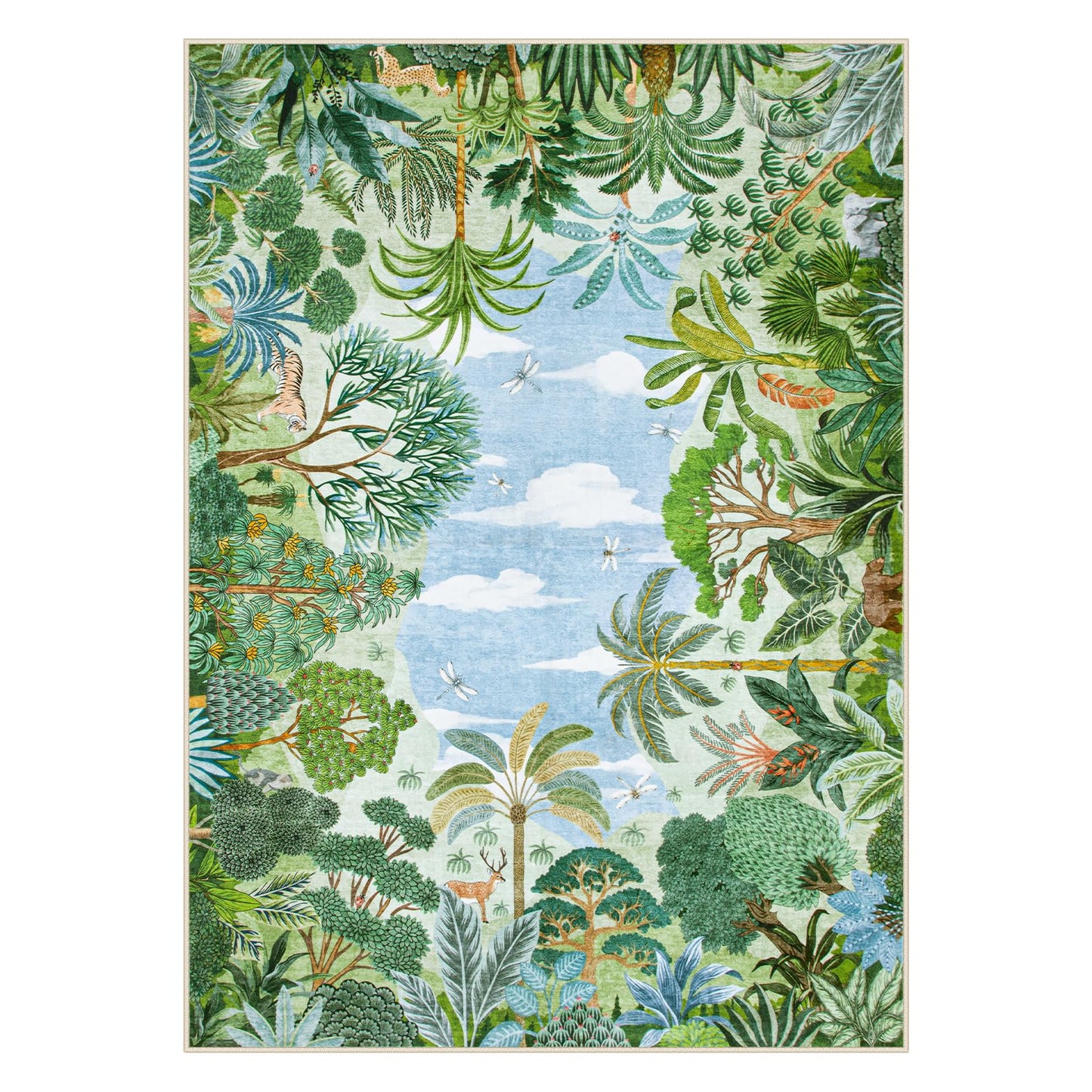 Lahome Jovence Summer Jungle Rug, Washable Rugs 5x7 for Bedroom, Green Forest Soft Carpet for Living Room, Summer Season Non Slip Non Shedding Dining Room Carpet for Under Table Classroom Entryway