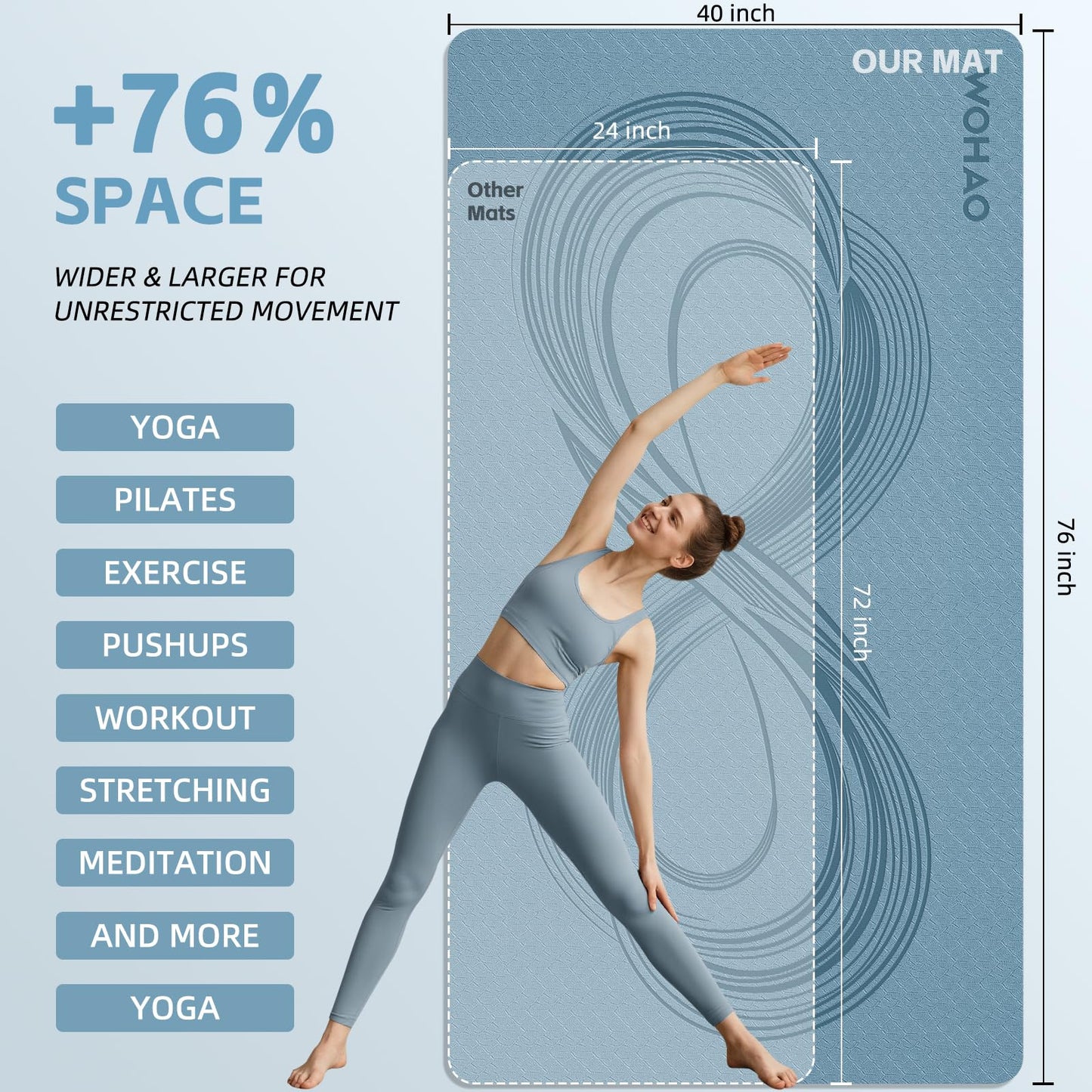 WOHAO Large 76"x40"x0.4" Yoga Mat - Extra Width & Thick Non-Slip Exercise Mat, Versatile for Stretching, Yoga Studio, Gym, Home & Indoor/Outdoor Workouts (Blue Grey)