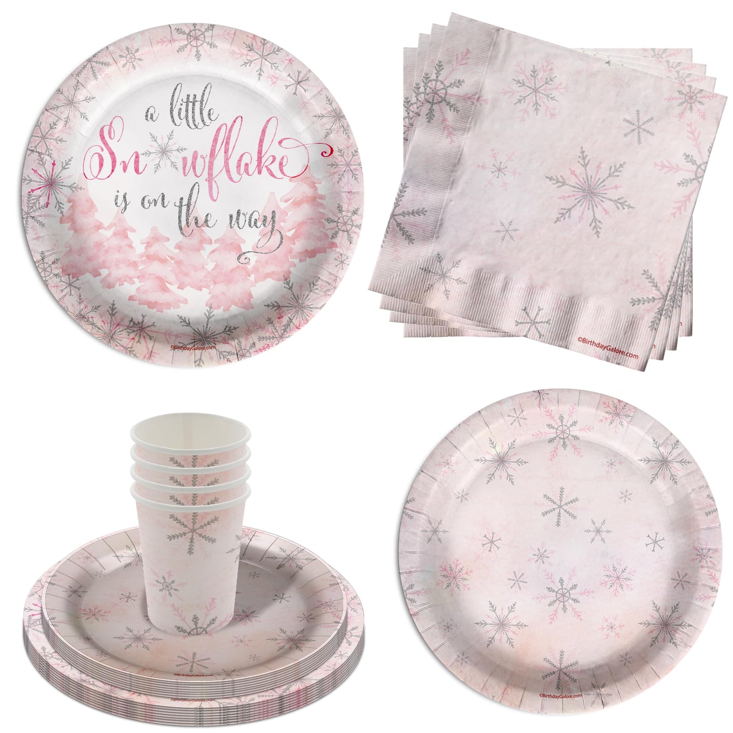 A Little Snowflake is On The Way Girl's Baby Shower Party Supplies - 64 Piece Winter Baby Shower Tableware Set Includes Large 9" Dinner Plates and 8" Dessert Paper Plates Napkins Cups - Kit for 16