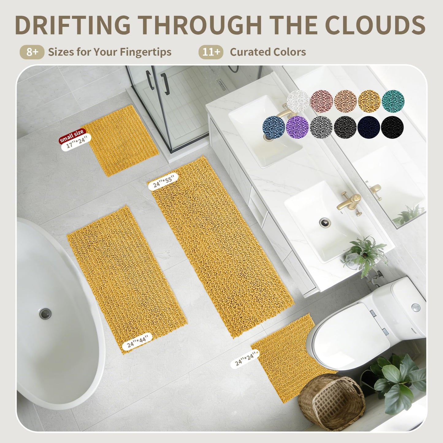 Ruggnovea Toilet Rugs U-Shaped Mat 24x24, Contour Bathroom Mat - Ultra Soft & Absorbent Chenille, Quick-Dry, Machine Washable with Non Slip Barrier Backing, Yellow