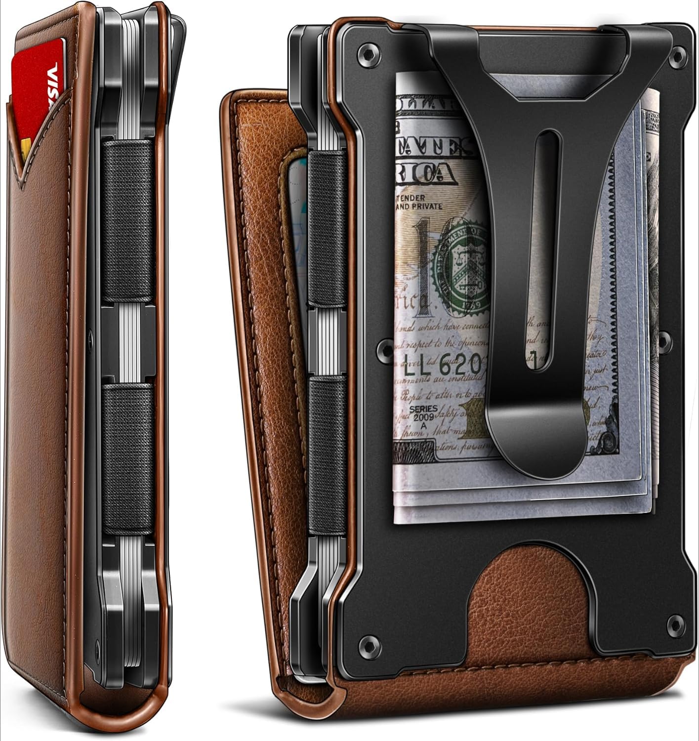 Men's Slim RFID Blocking Wallet Genuine Leather Front Pocket Design with Money Clip Holds 12 Cards Magnetic Flip Case (Brown)