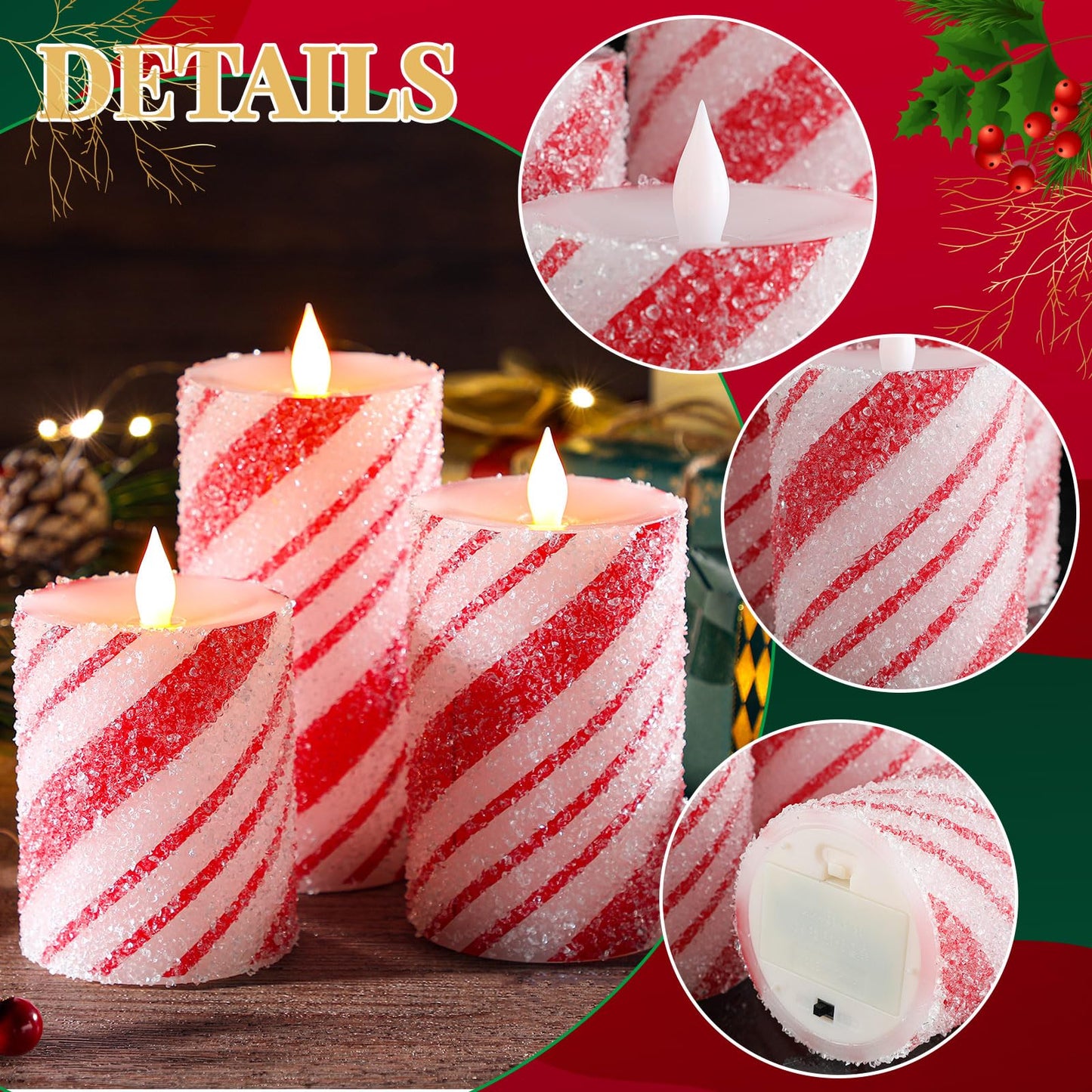 Baquler 3 Pcs Christmas Flameless Candles Pastel Candy Cane LED Pillar Candle Peppermint Glitter Red and White Battery Operated Candlestick for Xmas Party Holiday Table Home Decoration(Thin Stripe)
