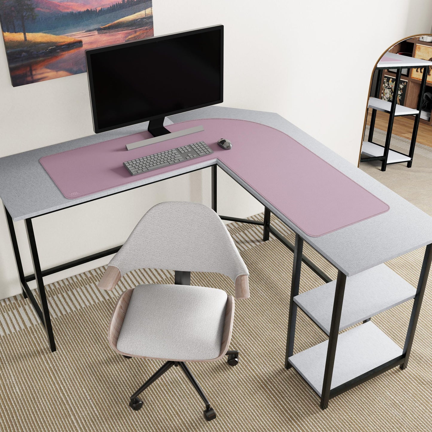 Vyaaa L-Shaped Leather Desk Pad, Two Tone Gaming Mouse Pad for Corner Desk Mat, Office and Home, 43 x 43 x 15.7 Inch, Pink and Green