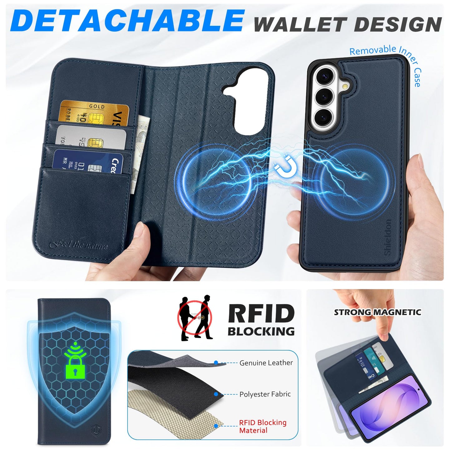 SHIELDON Real Leather Wallet Case for Galaxy S26+ 6.7", Detachable, RFID Blocking Credit Card Slot, Flip Magnetic Closure, Kickstand, Wireless Charging, Removable Shock Absorbing Cover - Navy Blue