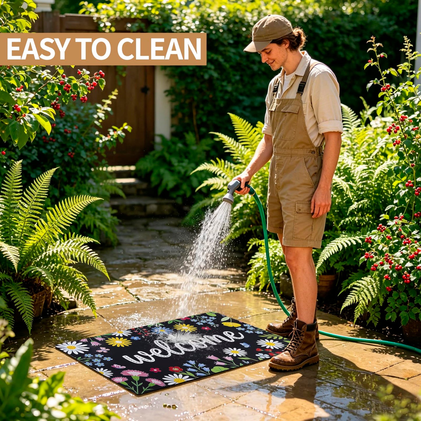 iouwy Spring Summer Welcome Door Mat 17×29 Inch, Low Profile Front Door Mat for Outside Inside Entrance, Non Slip Rubber Back for Indoor and Outdoor Entrance, Floral
