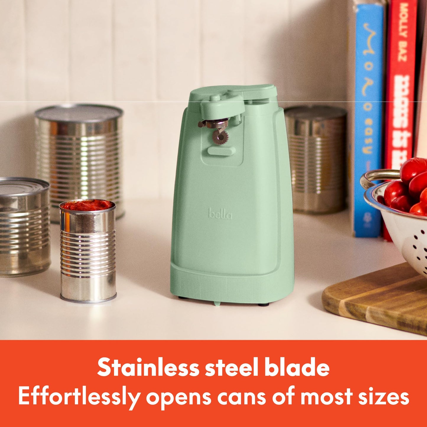 bella Electric Can Opener and Knife Sharpener, Multifunctional Jar and Bottle Opener with Removable Cutting Lever and Cord Storage, Stainless Steel Blade, Surf