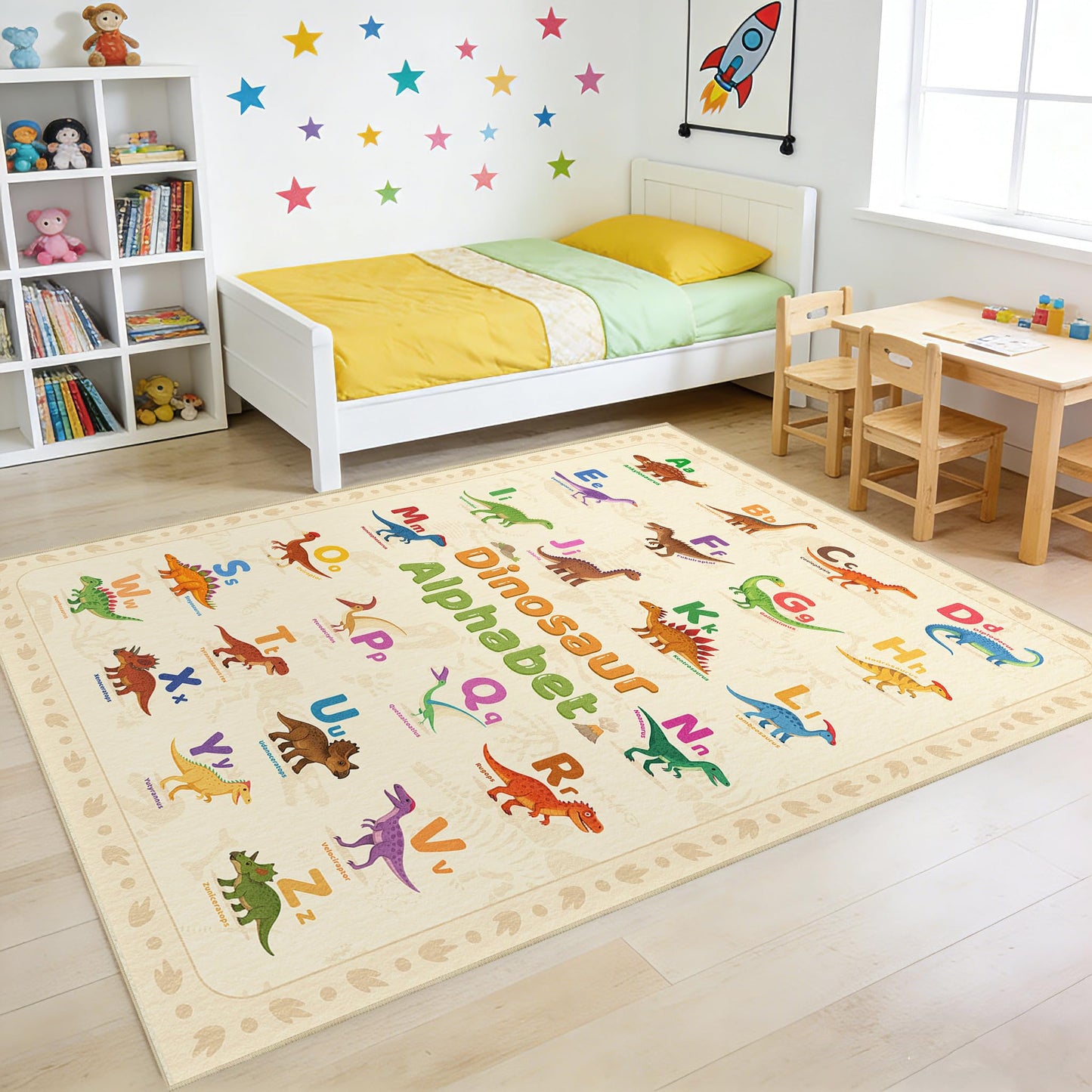 Area Rug 6x9 Living Room Dinosaur Rug Dino Alphabet Toddler Educational Area Rugs Machine Washable Non Slip Low Pile Large Dining Room Indoor Floor Carpet for Kids Room Nursery Playroom,Beige