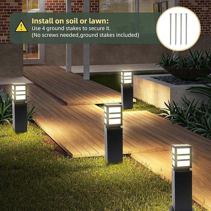 2Pack Landscape Path Lights 24" IP65 Waterproof Bollard Lights, Heavy Duty Steel Stable Widened Base E27 Lamp Holder, Modern Outdoor Path Lights Bollard for Lawn, Patio, Courtyard, Driveway, Oblong