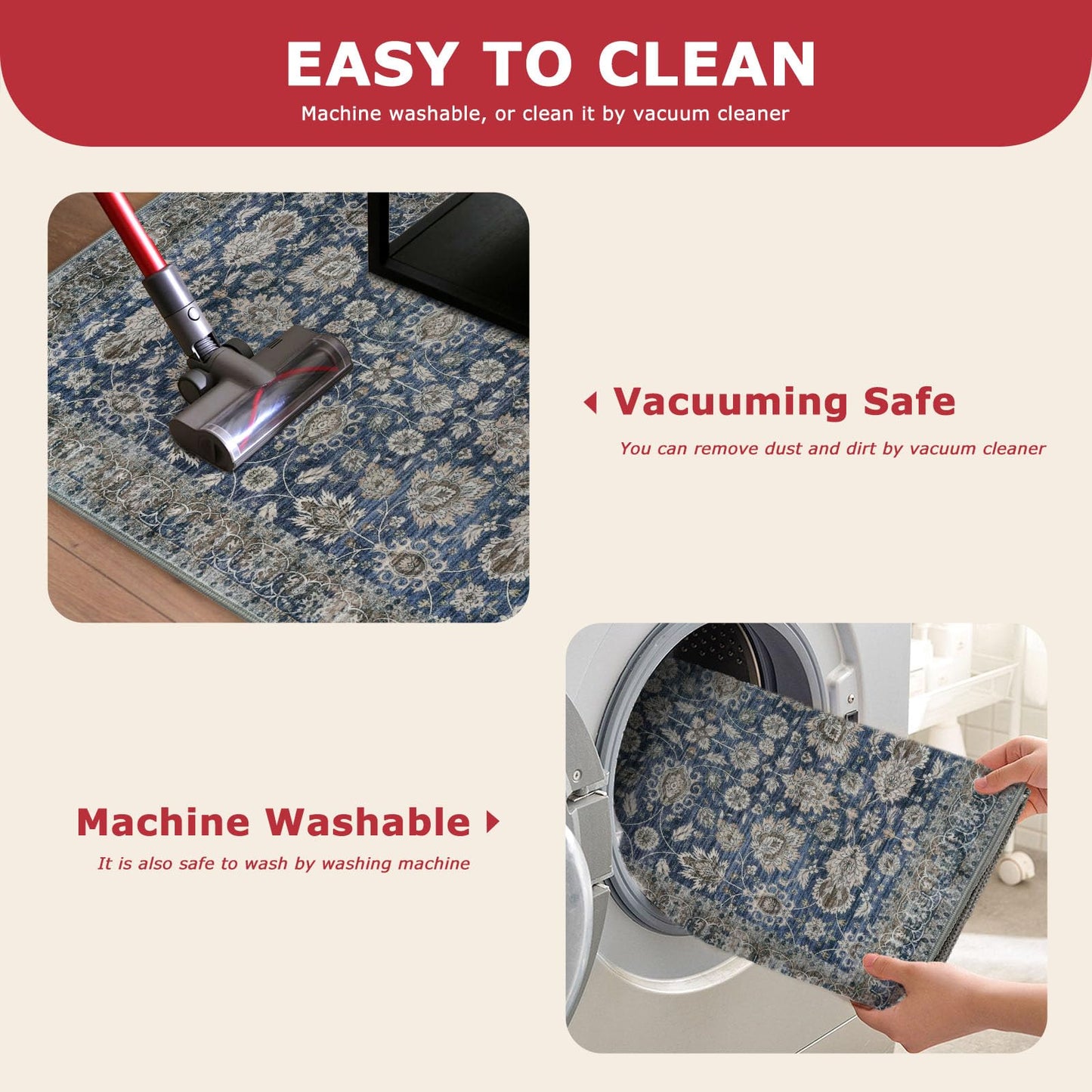 KOZYFLY Runners for Hallways 2x6 Blue Washable Runner Rug Non-Slip Soft Kitchen Runner Rugs, Printed Floral Traditional Carpet Runner for Entryway Bathroom Laundry Bedroom Foyer