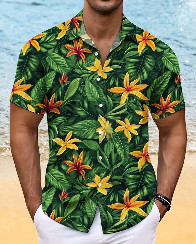 Mens Hawaiian Button Up Shirt Beach Vacation Cruise Tee Summer Tropical Palm Leaf Shirts Casual Unique Pattern Comfy Tops
