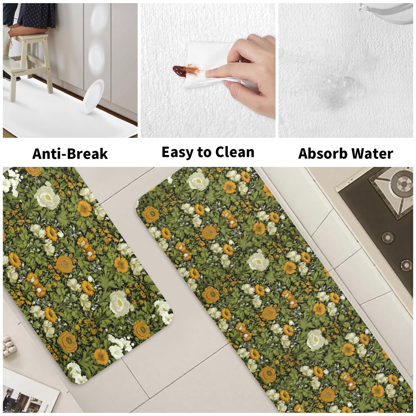 Wualmondor Dark Green Kitchen Rugs Set of 2 Floral Print Kitchen Mats 17"x47"+17"x30" Low Pile Washable Non Slip Rubber Backing Floor Mats for Sink Laundry Home