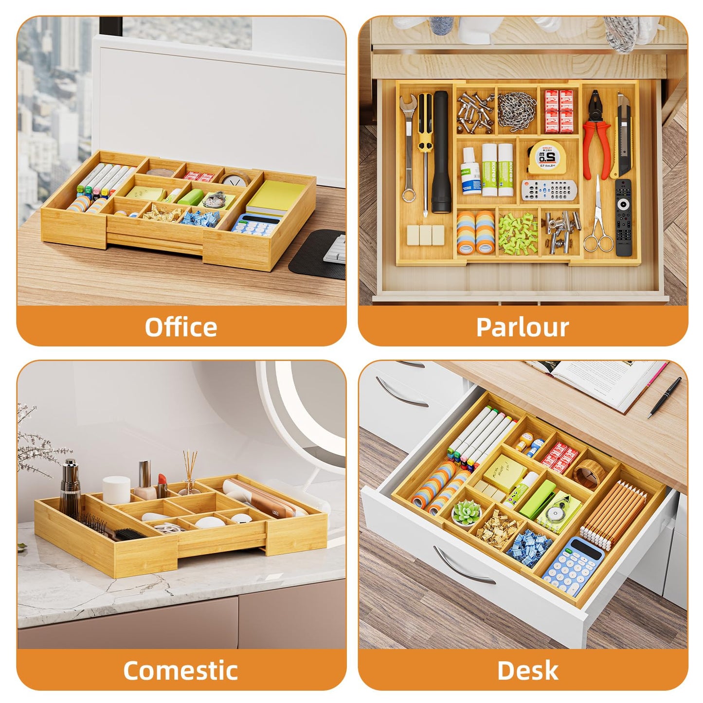 Marbrasse Bamboo Expandable Drawer Organizer, Desk Drawer Organizer Tray with 5 Dividers, Desk Organizers and Accessories, 10 Adjustable Compartments for Office Supplies, Junk, Makeup & Vanity