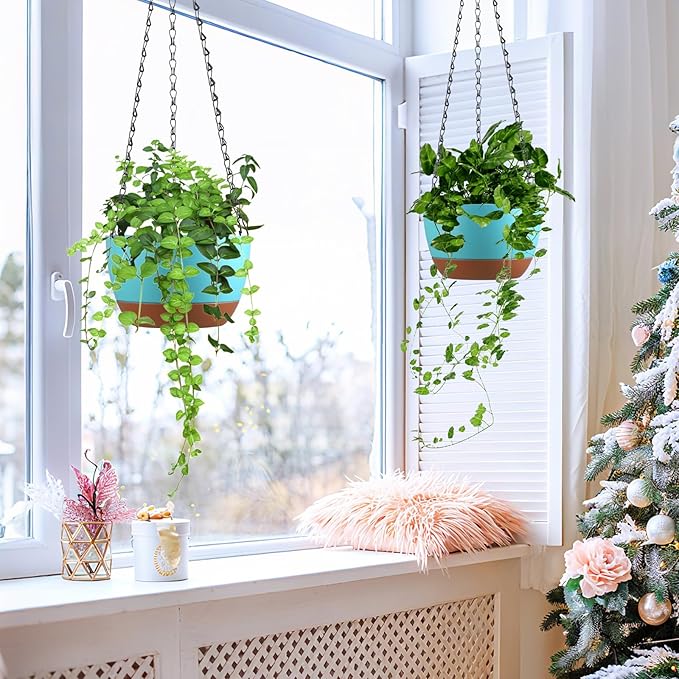 Set of 2 8 Inch Self Watering Hanging Planters for Indoor Outdoor Plants, Color Blocking Hanging Baskets Flower Pots with Drainage Hole & Removable Water-Storage Tray and 20" Chain Hanger