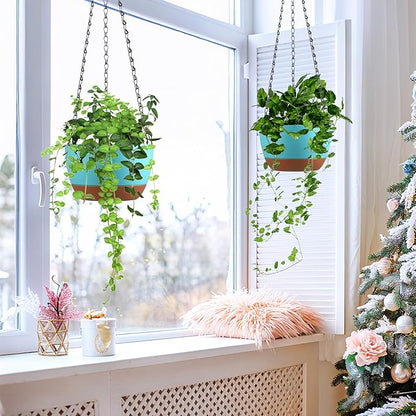 Set of 2 8 Inch Self Watering Hanging Planters for Indoor Outdoor Plants, Color Blocking Hanging Baskets Flower Pots with Drainage Hole & Removable Water-Storage Tray and 20" Chain Hanger