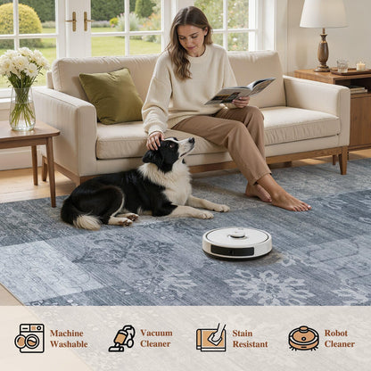 UERMEI 8x10 Area Rug Washable, Blue Modern Geometric Rugs for Living Room, Non-Slip Patchwork Carpet, Stain Resistant Low-Pile Foldable Rug for Bedroom Dining Room