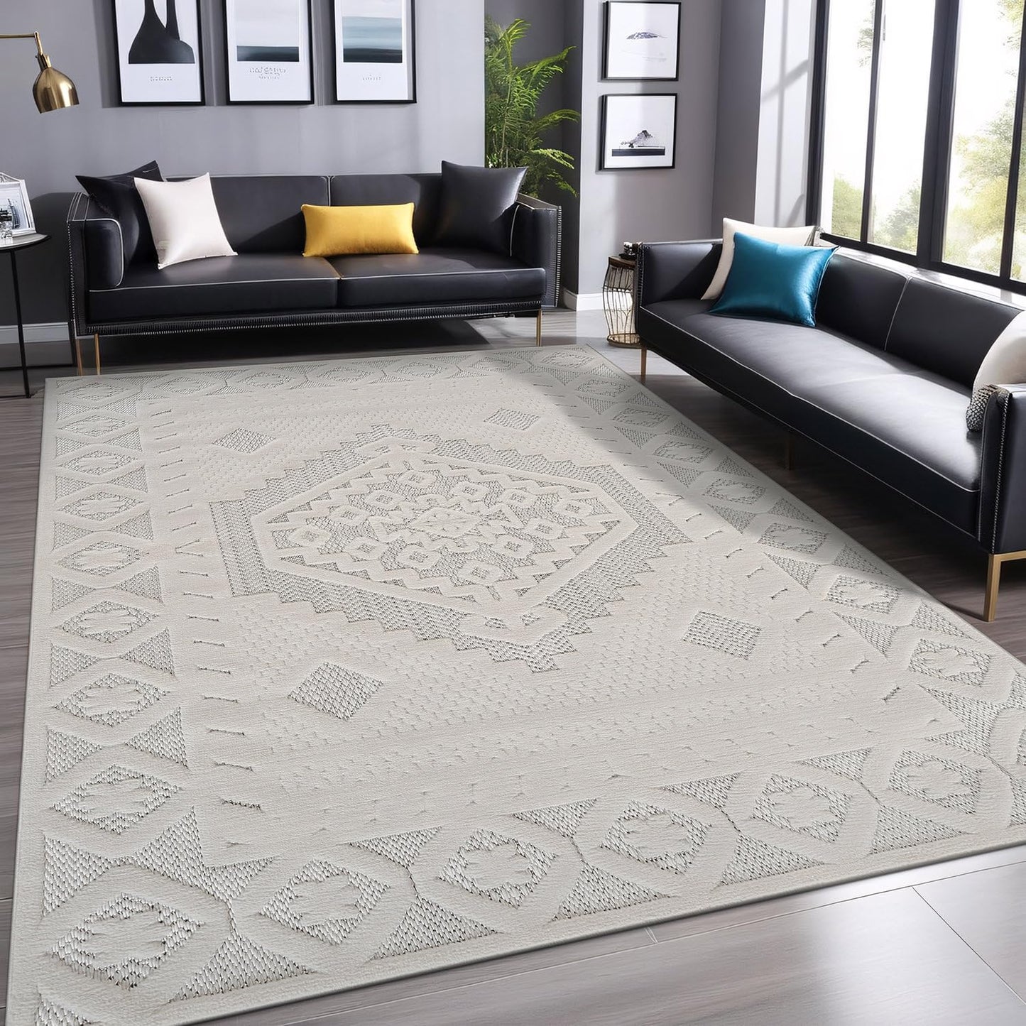 Luul Home Modern Micro Loop Indoor Area Rugs for Living Room Bedroom Kitchen Geometric Trellis White 4x6 Luxury Durable Low and High Pile Non-Shedding Stain Resistant Soft Area Carpet 4 x 6