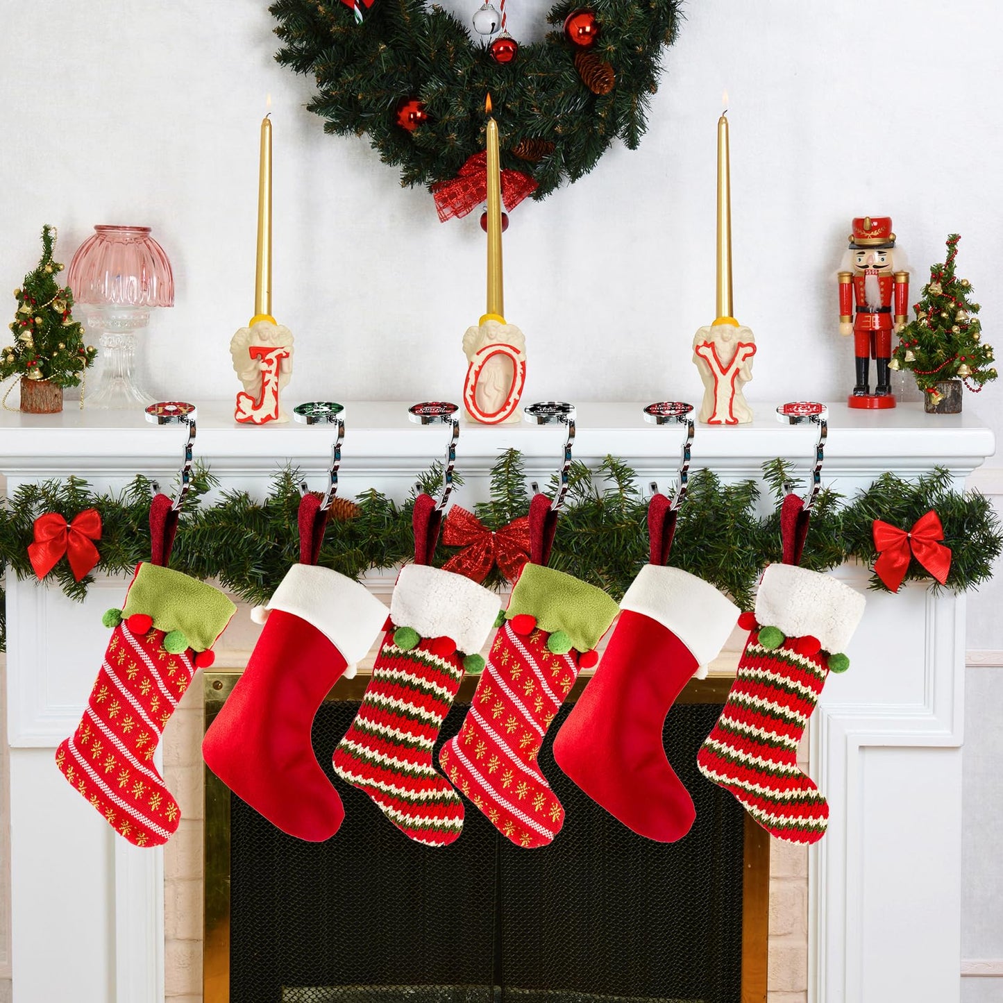 BEAVOING 6 Pack Christmas Stocking Holders for Mantle,Metal Stocking Hangers for Mantle, Non-Slip & Foldable Mantle Hooks for Stockings Hangers Xmas Mixed Pattern for Fireplace Christmas Decoration