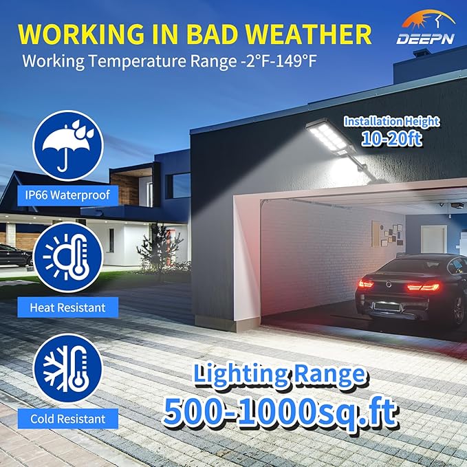 Deepn Solar Lights Outdoor for Outside, IP66 Waterproof Street Lights Outdoor, 6500K Dusk to Dawn Solar Security Flood Lights Motion Sensor with Remote Control for Yard, Entryway Garage, Porch
