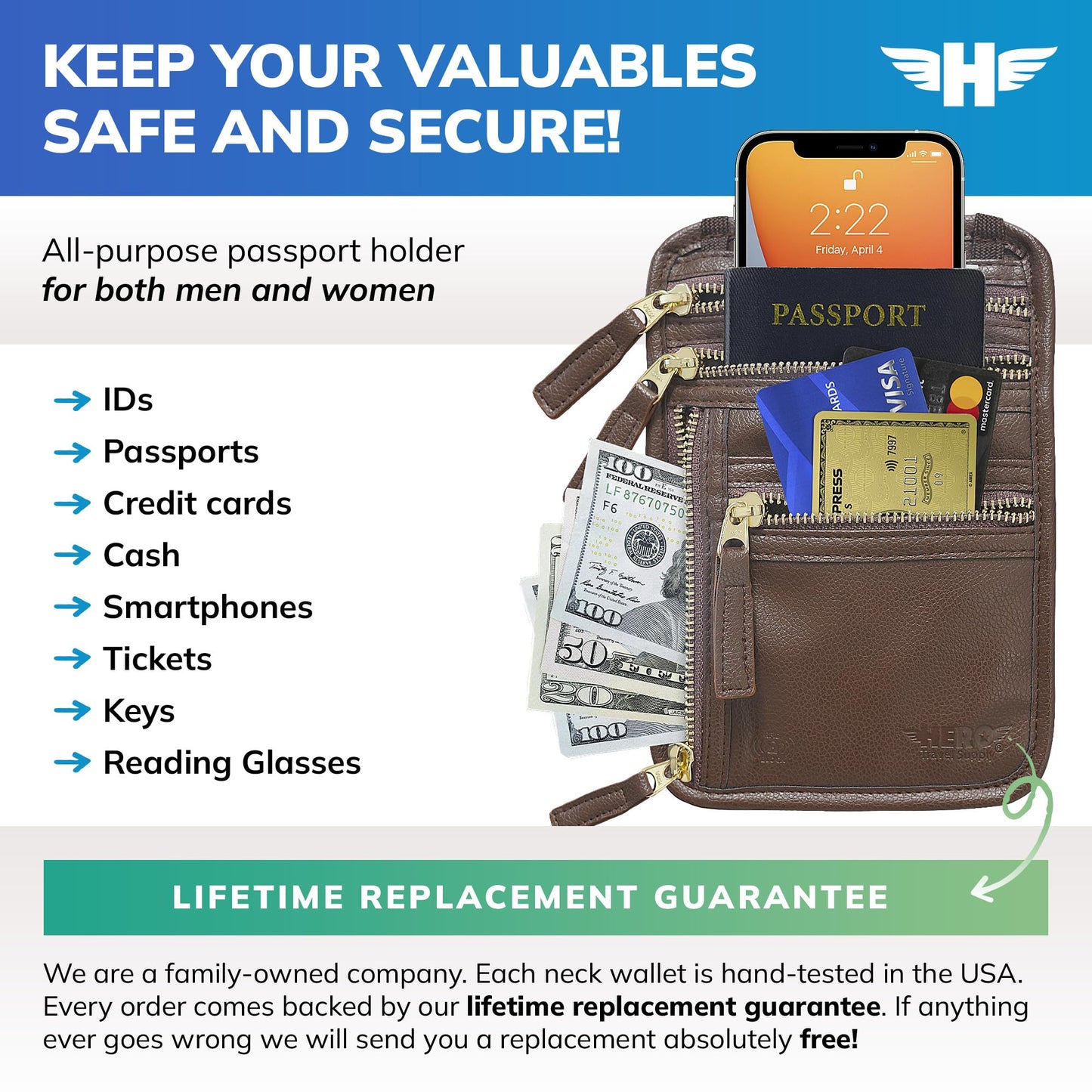 HERO Neck Wallet - RFID Blocking Passport Holder, Easy to Conceal Travel Pouch (Vegan Leather Brown)