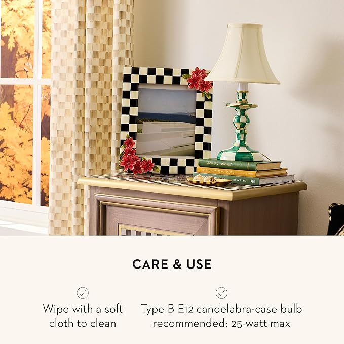 MACKENZIE-CHILDS Candlestick Lamp, Decorative Living Room and Bedroom Lamp, Green-and-White Emerald Check