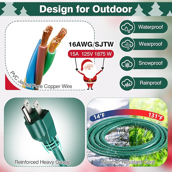 Feekoon 40FT Outdoor Extension Cord Splitter with Timer, Waterproof 3-Outlet Cord with Safety Cover 16/3 SJTW Weatherproof Power Cable for Outdoor Halloween Christmas Decorations Garden Lights