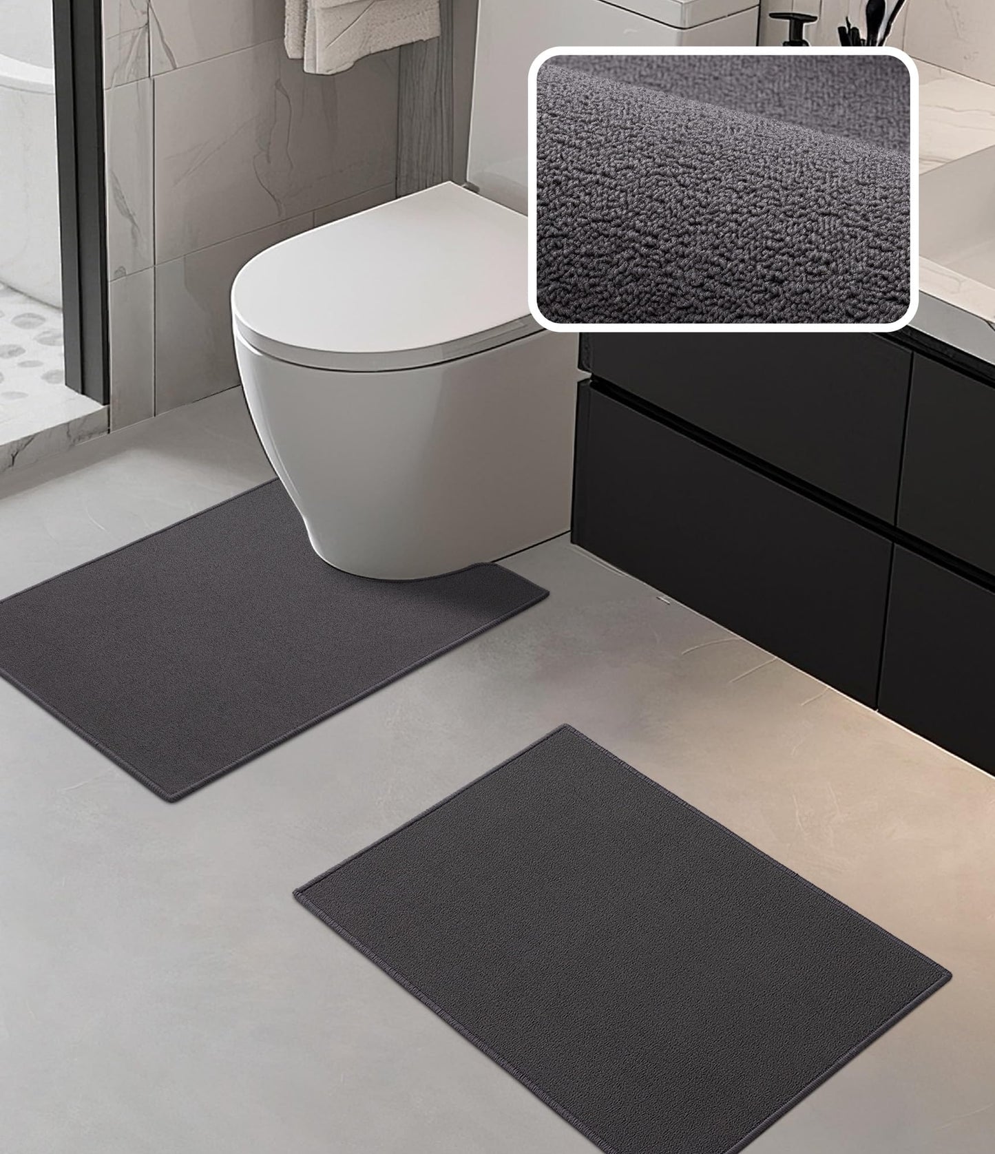 YIHOUSE Bathroom Rug Sets 2 Piece, Ultra Thin Bath Mat Fit Under Door, Absorbent Quick Dry Bath Mat for Bathroom Non Slip Machine Washable Floor Mat (Dark Grey, 2 Piece)