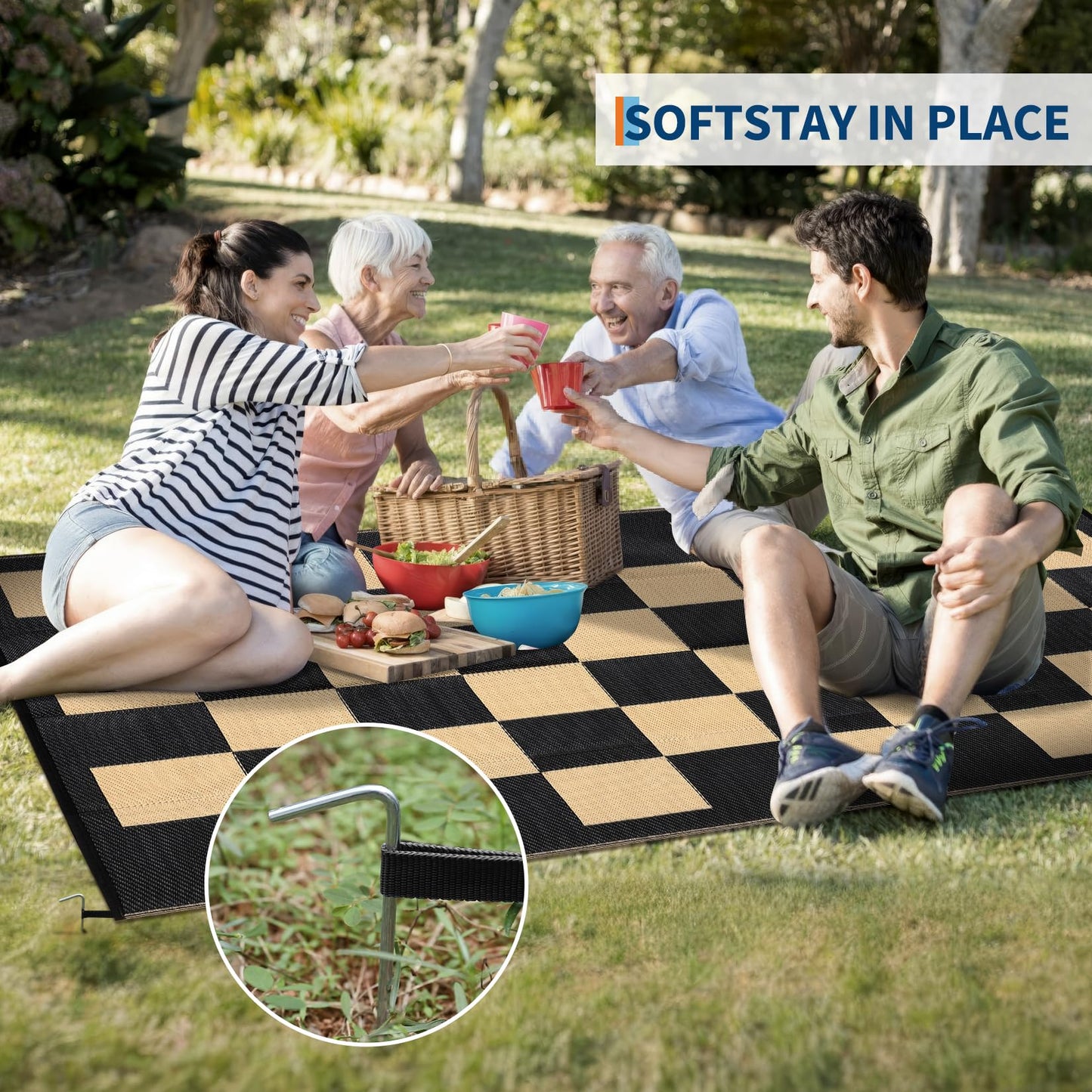 8 * 10ft Checkerboard Outdoor Rug, Reversible Woven Plastic Straw Patio Mat, Portable Floor Mat, Checkered Camping Carpet with Corner Loops for RV, Deck, Picnic, Balcony, Black & Brown