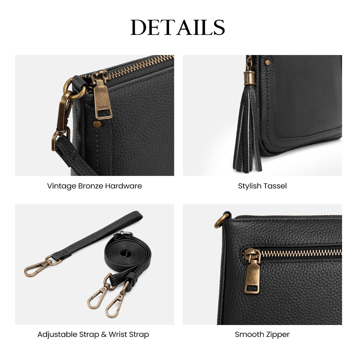 befen Genuine Leather Wristlet Wallets for Women, Black Cell Phone Purse with Built in Wallet Soft Real Leather Crossbody Bag with RFID Blocking Small Cluth Purses with Wrist and Crossbody Strap