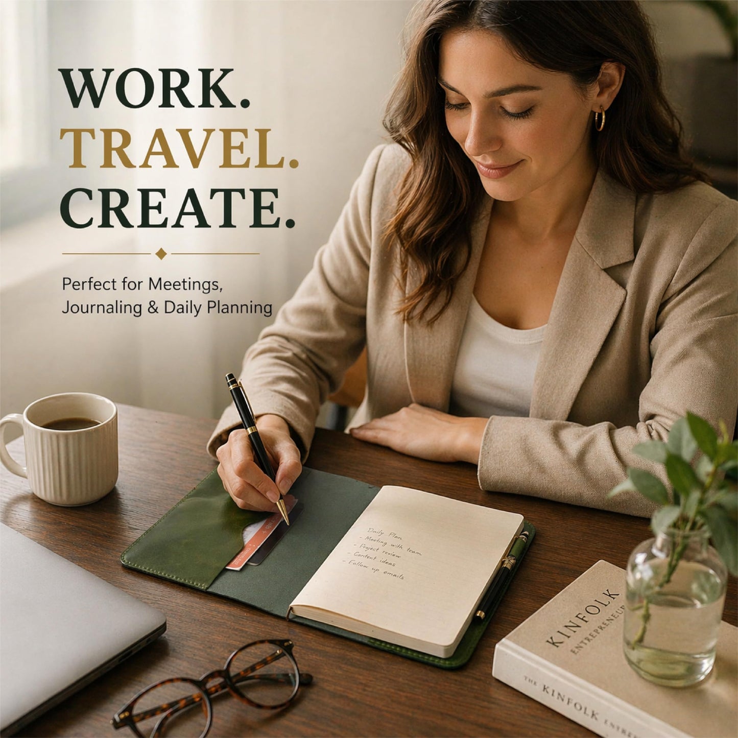 TheAntiq Premium Leather Journal Cover A5 – Handmade Refillable Notebook Cover Sleeve with Pen Holder for Writing, Travel & Business Use 5.75 x 8.25 (Green)