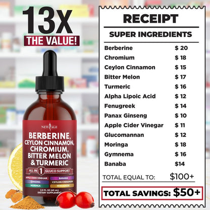 Berberine with Ceylon Cinnamon Supplement Liquid Drops + Bitter Melon Extract, Glucomannan, Gymnema, Chromium, Turmeric, Panax Ginseng, Moringa- 8 OZ