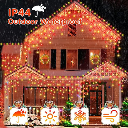 49ft 480LED Outdoor Waterproof String Lights with 8 Modes Timer - Curtain Lights for Outdoor House, Wedding, Holiday & Christmas Decorations - Red & Warm White