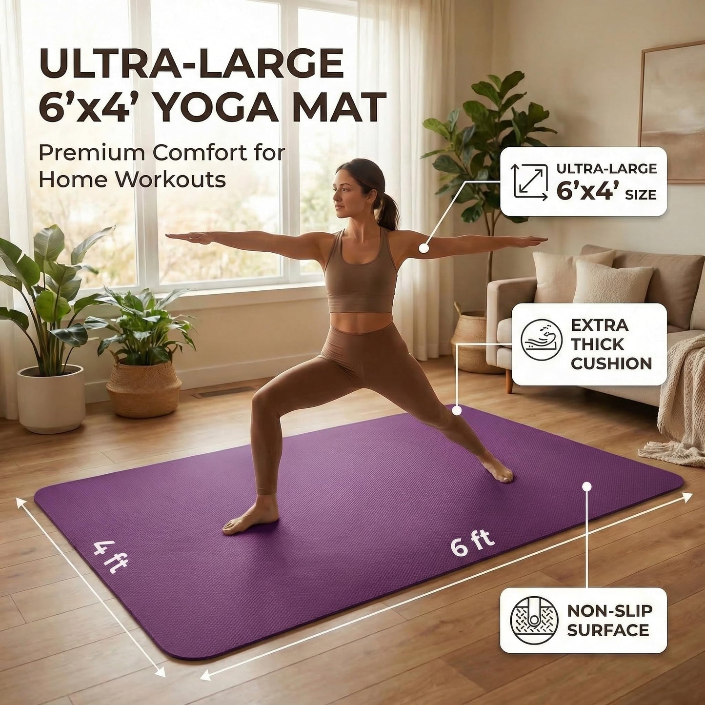 FrenzyBird Large Yoga Mat 6‘ x 4’ x 1/4",Extra Wide Exercise Mat Large Exercise Mat Big Home Yoga Mat Pilates Mat,Non Slip,Thick,TPE Workout Mat,for Women & Men, Yoga, Pilates, Gym and Floor Workouts