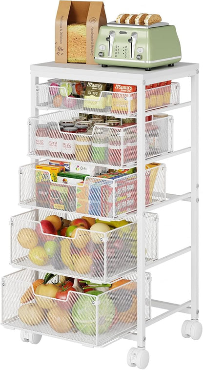 Kitchen Storage Cart with Wheels, 5-Tier Fruit Vegetable Storage Cart, Kitchen Organizer and Storage Cart with Drawers, Wooden Top Metal Wire Pantry Storage Cart for Fruit Snack Onion Potato, White