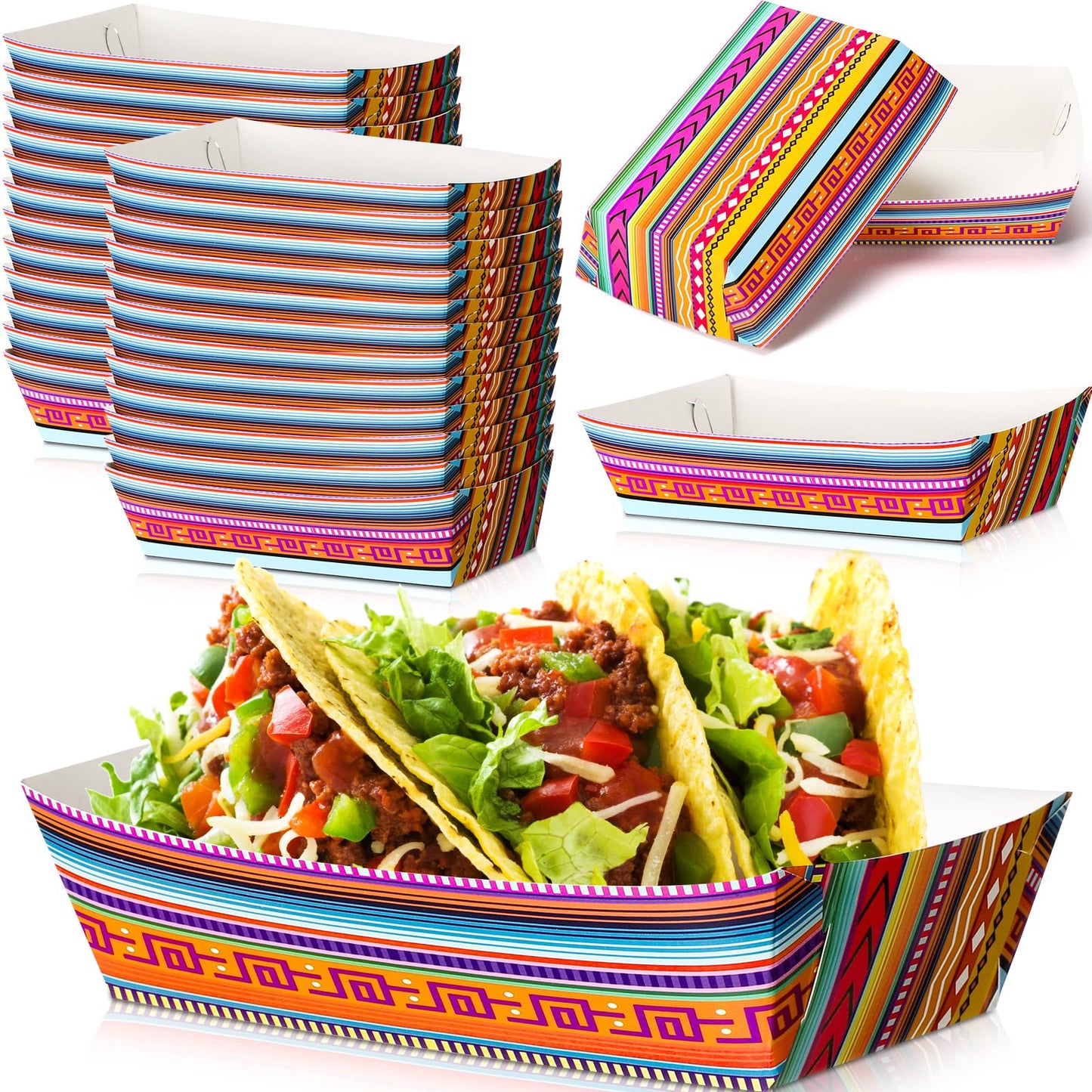 50 Pack Mexican Taco Nights Food Trays Deli Trays Nacho Popcorn Candy Snack Holder Grease Proof Containers Boats Disposable Taco Bar Serving Plates for Christmas Thanksgiving Fiesta Birthday Party