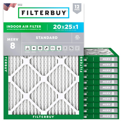 Filterbuy 20x25x1 Air Filter MERV 8 Essential Dust & Allergy Defense (12-Pack), Electrostatic Pleated HVAC AC Furnace Filters Replacement, Made in USA (Actual Size: 19.50 x 24.50 x 0.75)